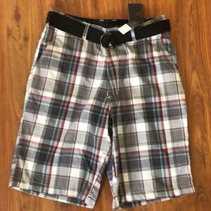 NWT Swiss Cross Gray and white plaid men’s long shorts, size 32